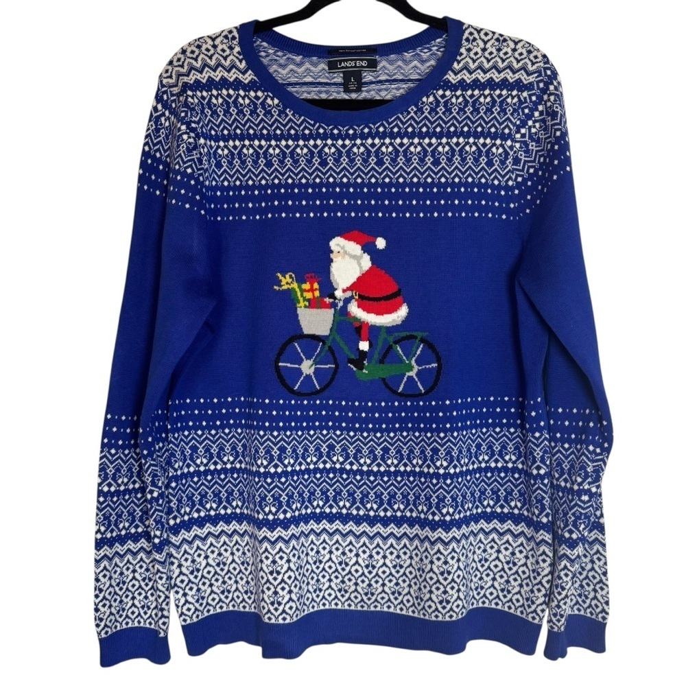 Lands' End Women’s Festive Holiday Santa 100% Cotton Crewneck Large Sweater